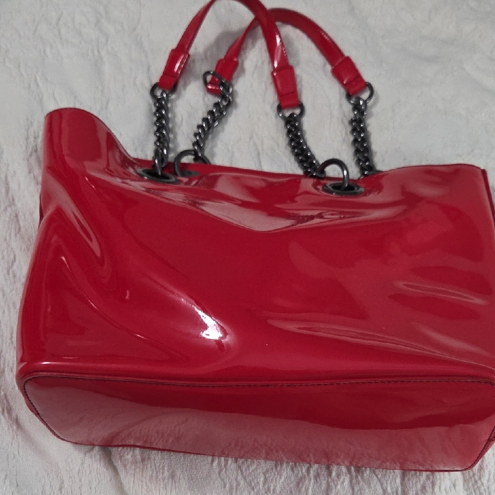 DKNY Shiny Red Tote with Chain Straps